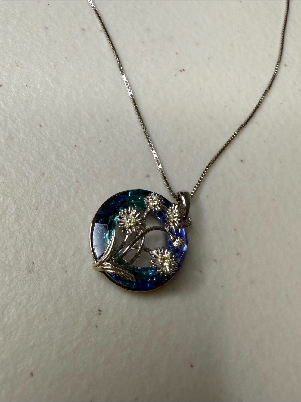 Italy 925 Sterling Silver Blue Iridescent Floral Pendant Necklace S925 - Picture 4 of 12